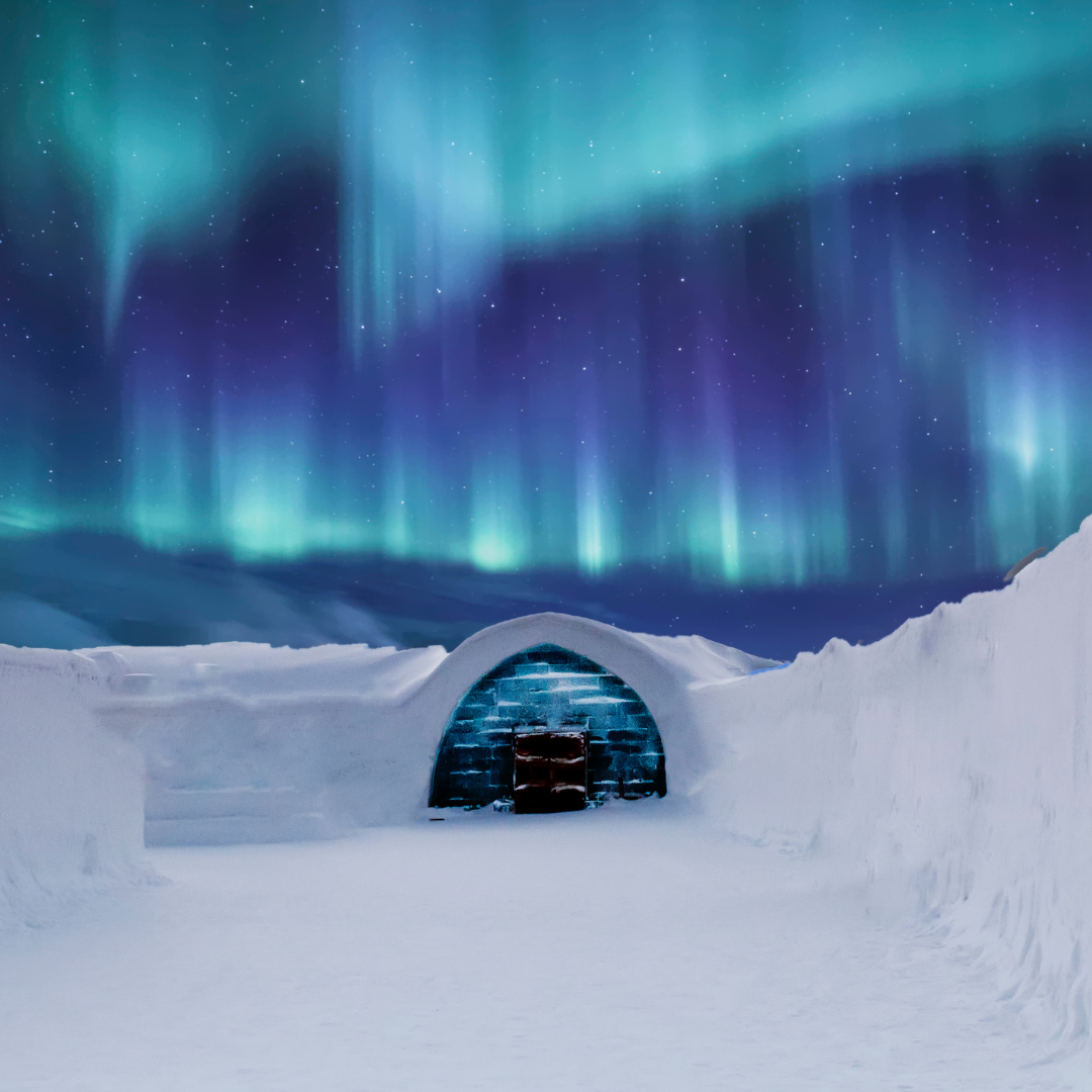 Ice management Igloo with northern lights in the background.