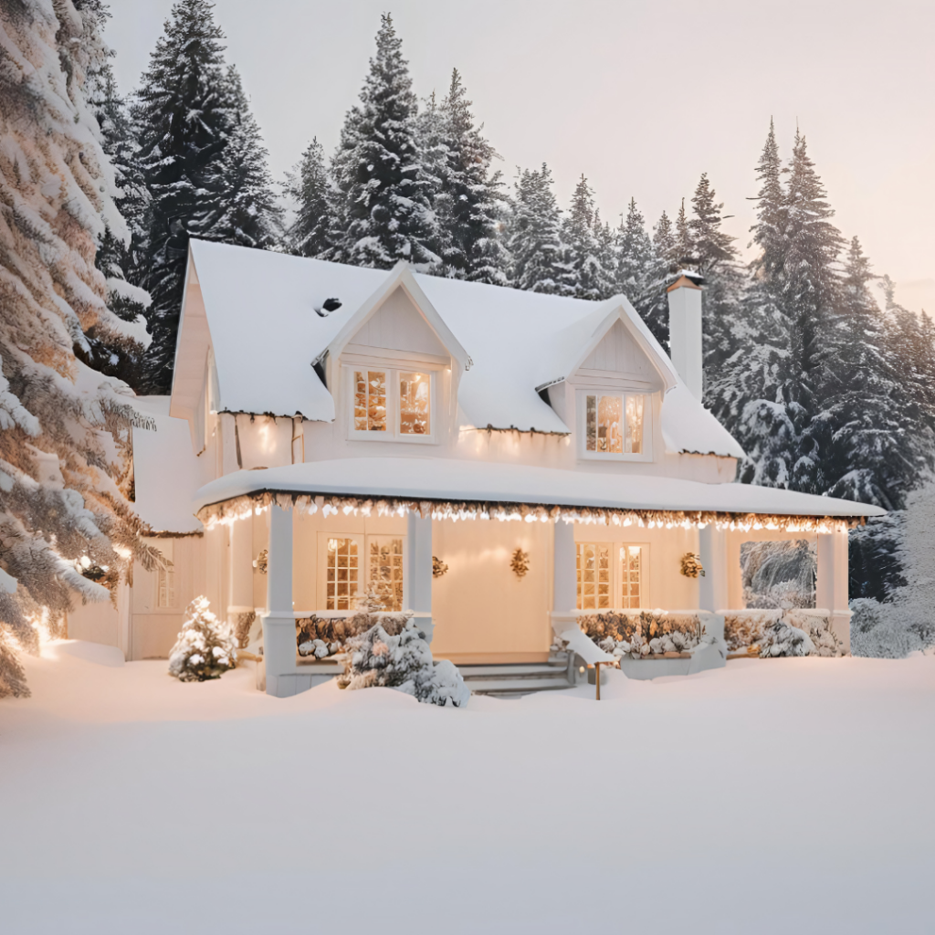 An Ice management  house with festive lights in a forest setting.